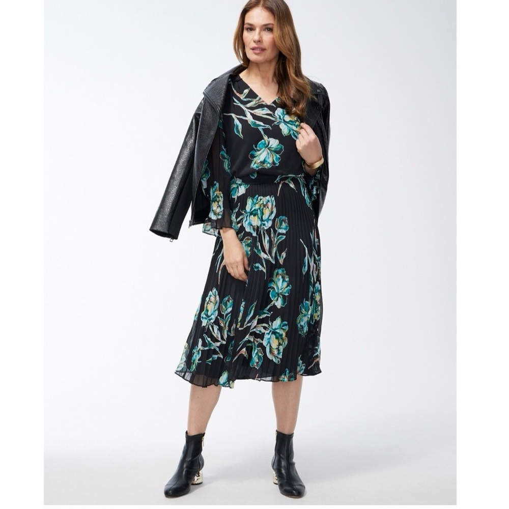 NWT CHICO'S Crepe Pleated Floral Midi Dress SZ-16 - Picture 3 of 10